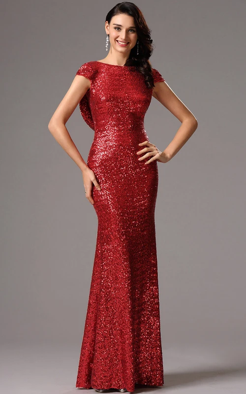 Sheath Bateau Short Sleeve Sequins Backless Dress