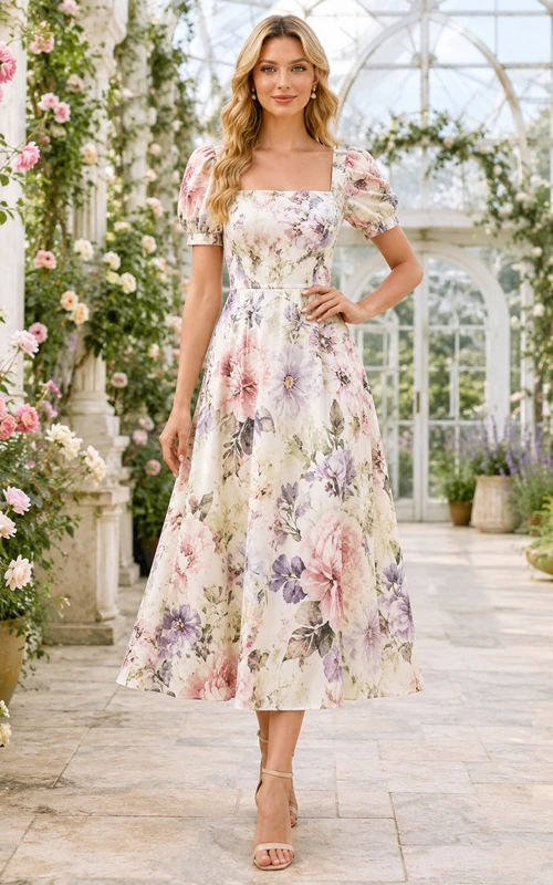 Vestido midi de corte A con cuello cuadrado y mangas abullonadas, estampado floral de jardín.