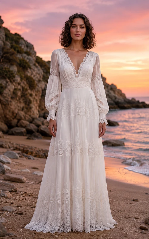 Robe de mariée bohème de plage en mousseline à col en V et manches bouffantes