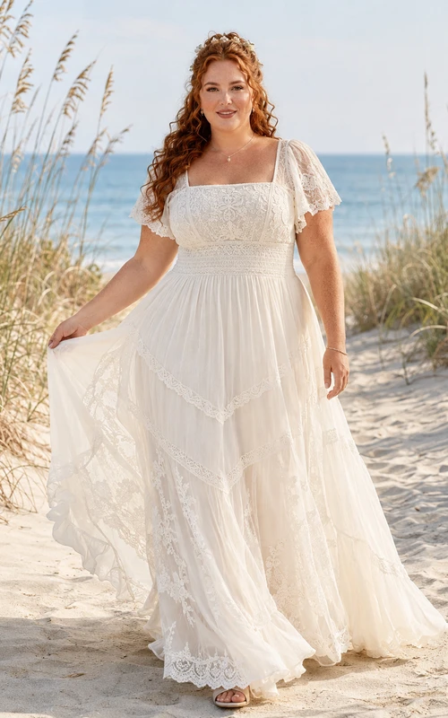 Plus Size Beach Square Neck Short Flutter Sleeve Tiered Lace A-Line Wedding Dress