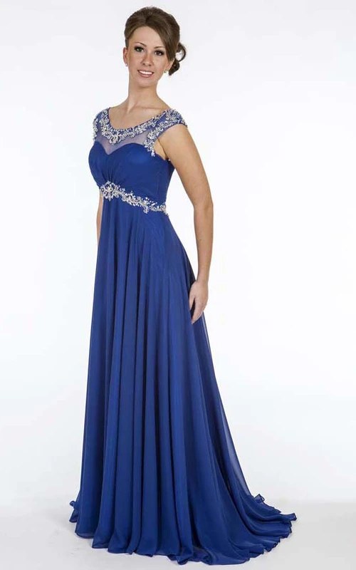 A-Linien-Chiffon-Abendkleid mit Perlenbesatz, Empire-Ausschnitt, langen, runden Ärmeln, Taillenschmuck und Raffungen