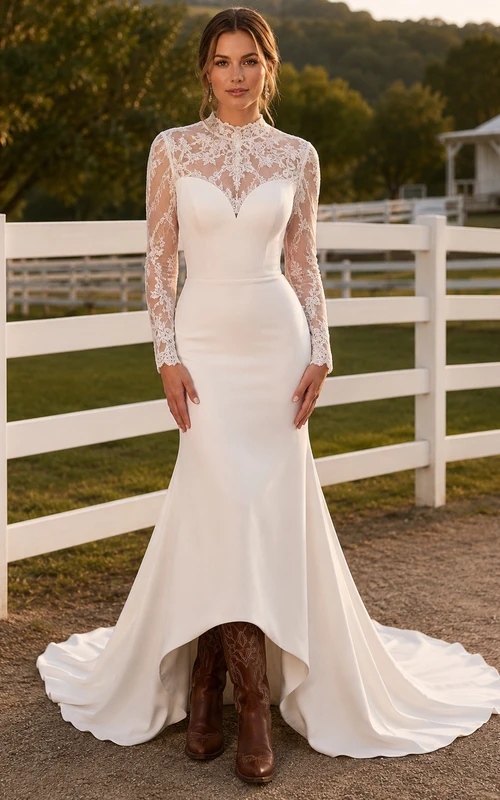 Vestido de novia premamá con escote cuadrado, manga larga y encaje, corte en A, estilo campestre.