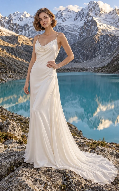 Vestido de novia de gasa con escote drapeado, tirantes finos, drapeado lateral y cola de tubo.