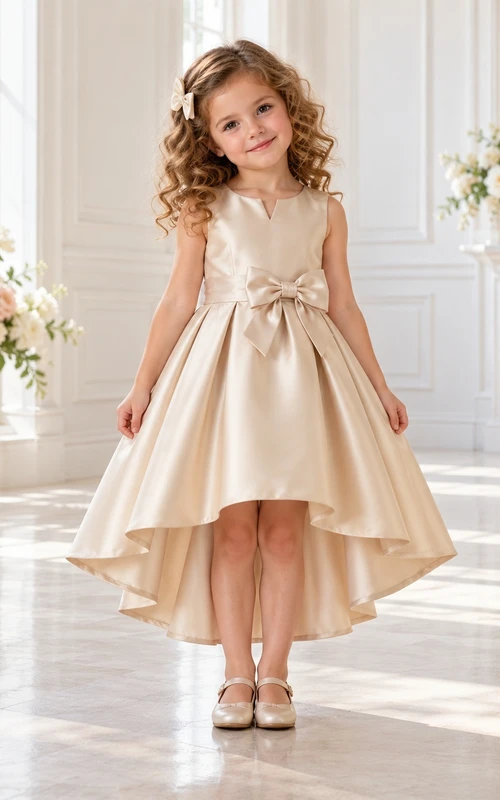 High-low Champagne Notched Neck Bow Waist Satin Flower Girl Dress