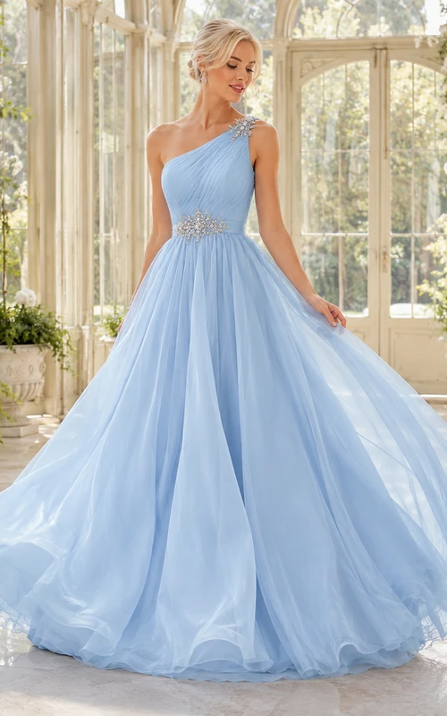 Himmelblaues, einseitig schulterfreies, romantisches Ballkleid aus Chiffon und Tüll mit Kristallbesatz an der Taille