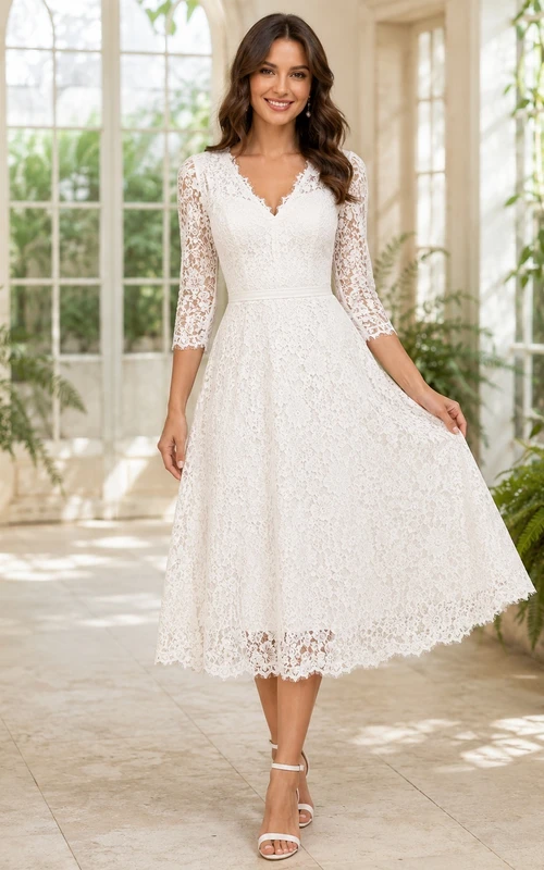 Romantic Lace V-neck Three-quarter Sleeve Tea-length Reception Wedding Dress