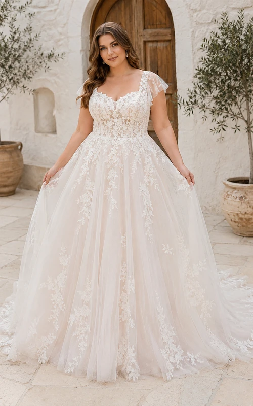Plus Size Cap Sleeve Lace A-Line Wedding Dress with Full Tulle Skirt