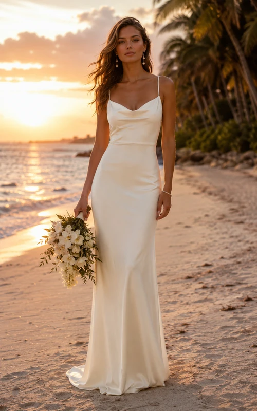 Vestido de novia de satén color marfil con escote drapeado y falda ajustada.