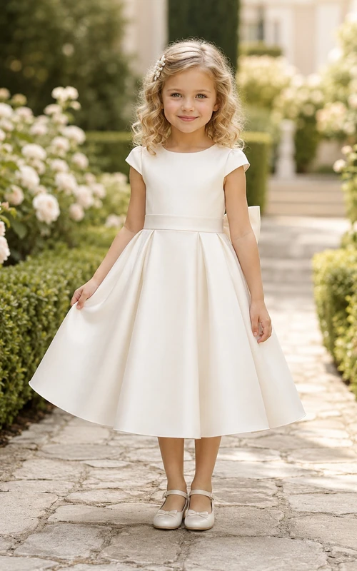 Blumenmädchenkleid aus elfenbeinfarbenem Satin, A-Linie, Rundhalsausschnitt, Teelänge, Schleifendetail