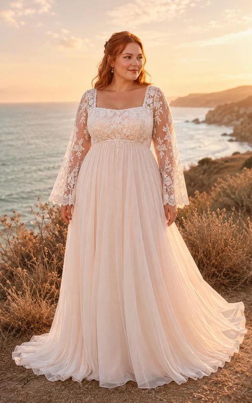Robe de mariée grande taille ivoire à col carré et manches longues en tulle, coupe trapèze