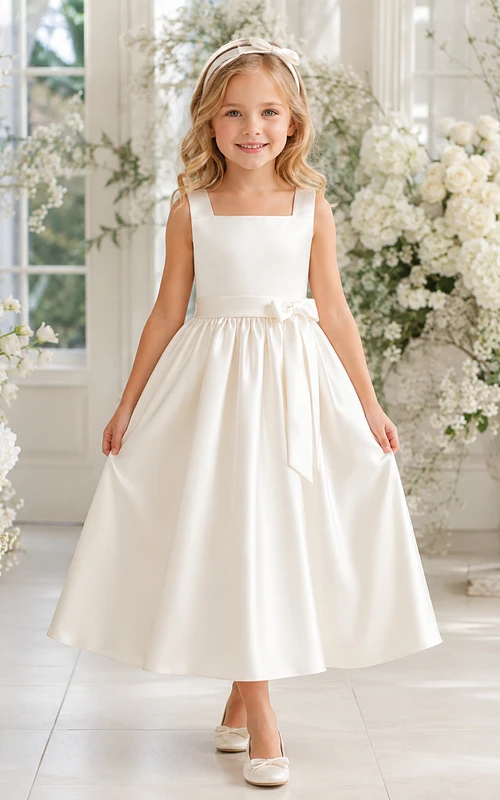 Vestido moderno de niña de las flores con corte en A, escote cuadrado, sin mangas, de satén blanco plisado en la cintura, ideal para ceremonias.