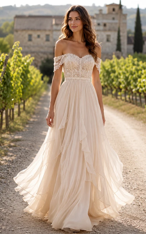 Robe de mariée bohème champagne à épaules dénudées, corsage en dentelle, volants en cascade et tulle superposé pour l'extérieur