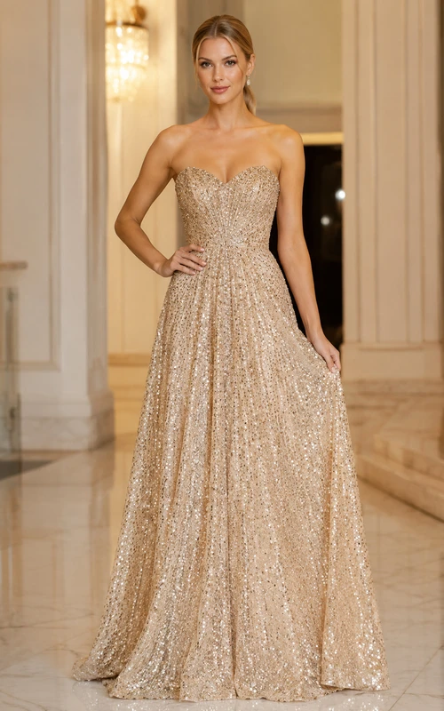 Champagne Strapless Sequin A-Line Formal Gown with Full Skirt
