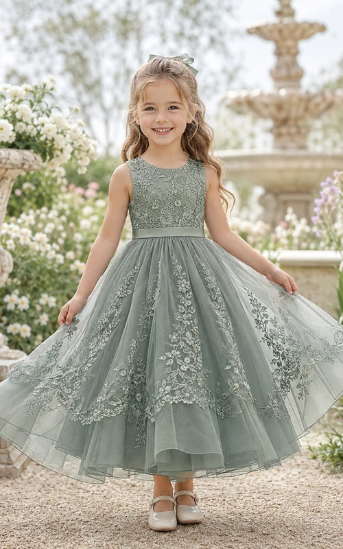 Blumenmädchenkleid aus salbeigrüner Spitze und Tüll, A-Linie, Rundhalsausschnitt, Teelänge