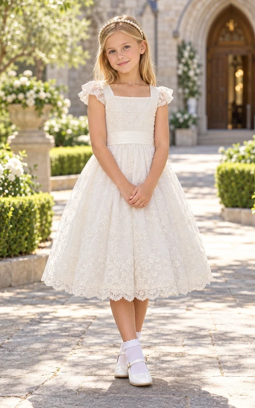 Square Neck Tea-length Ivory Floral Lace Cap First Communion Dress