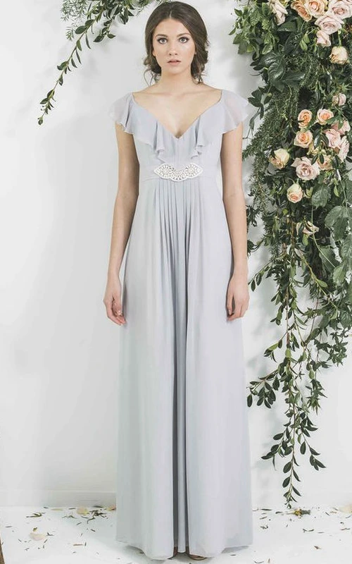 Pleated V-Neck Empire Poet Sleeve Chiffon Bridesmaid Dress With Waist Jewellery