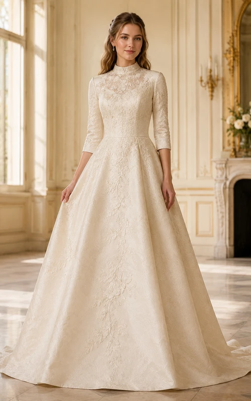 Robe de bal champagne en dentelle florale à col bijou et manches trois-quarts