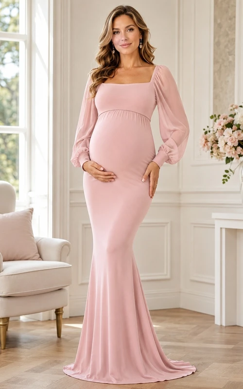 Vestido de maternidad largo hasta el suelo de manga larga con cuello joya, tejido elástico rosa rubor esculpido en jersey.
