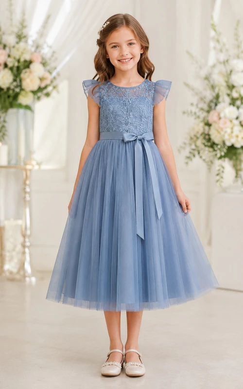 Stahlblaues, teelanges A-Linien-Spitzenkleid für Blumenmädchen mit Schleifenschärpe