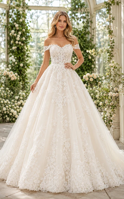 Vestido de novia clásico romántico con escote corazón, hombros descubiertos, encaje floral, cola de capilla y falda de gala.