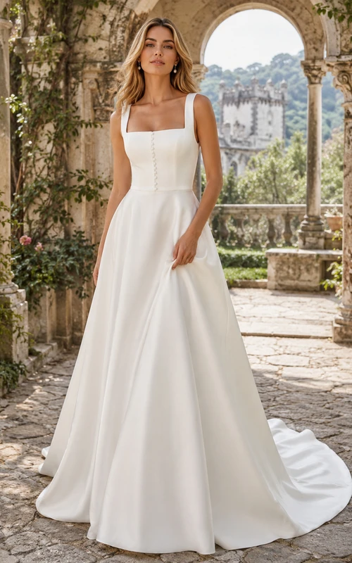 Robe de mariée simple en satin, coupe trapèze, bretelles carrées et traîne chapelle, idéale pour une destination.