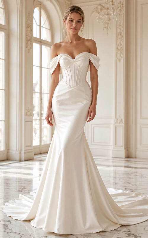 Robe de mariée sirène en satin, épaules dénudées, manches courtes, traîne chapelle, froncée, style domaine.
