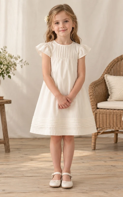 Simple Cream Knee-length Jewel Short Flutter Sleeves Pintucked-bodice Empire Button-back Flower Girl Dress