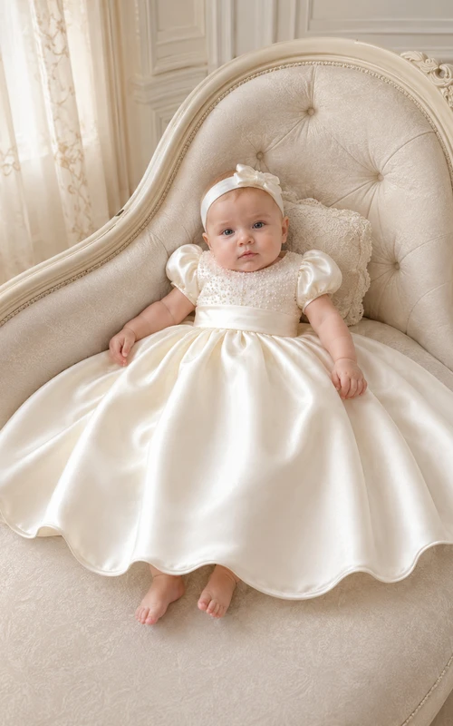 Baptism Dress Luxury Satin A-Line Scoop Neck Short Sleeve Bow Sash