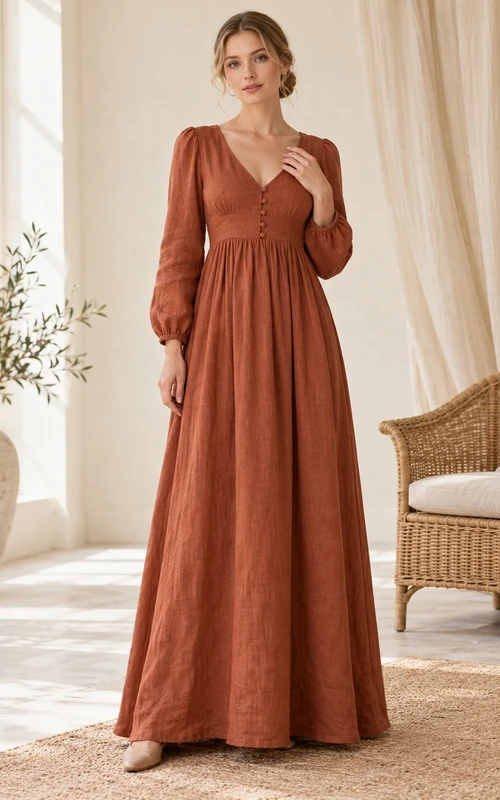 Robe décontractée orange style Régence, col en V, manches longues, coupe empire, longueur au sol