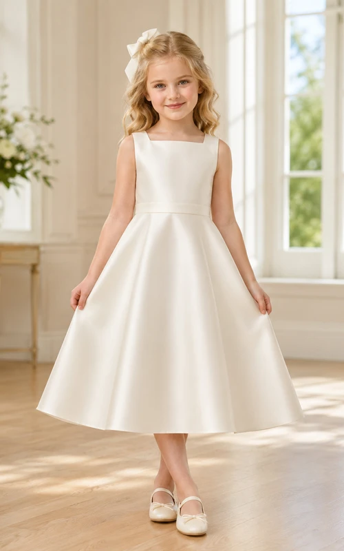 Blumenmädchenkleid aus elfenbeinfarbenem Satin, A-Linie, Rundhalsausschnitt, Teelänge, Schleifendetail