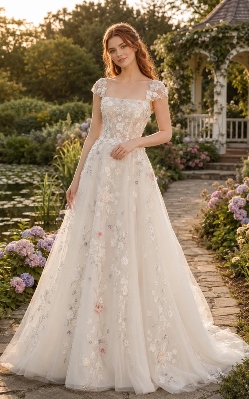 Brautkleid in A-Linie mit kurzen Ärmeln und floralen Applikationen