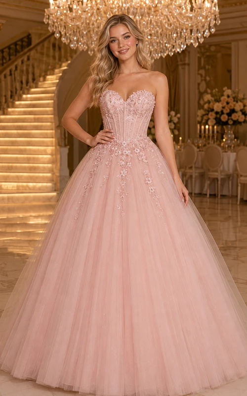 Vestido de quinceañera de gala sin tirantes con apliques de tul color rosa empolvado