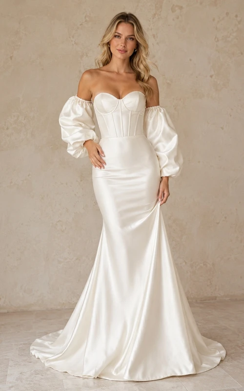Vestido de novia largo hasta el suelo con corsé abullonado desmontable y mangas largas estilo sirena