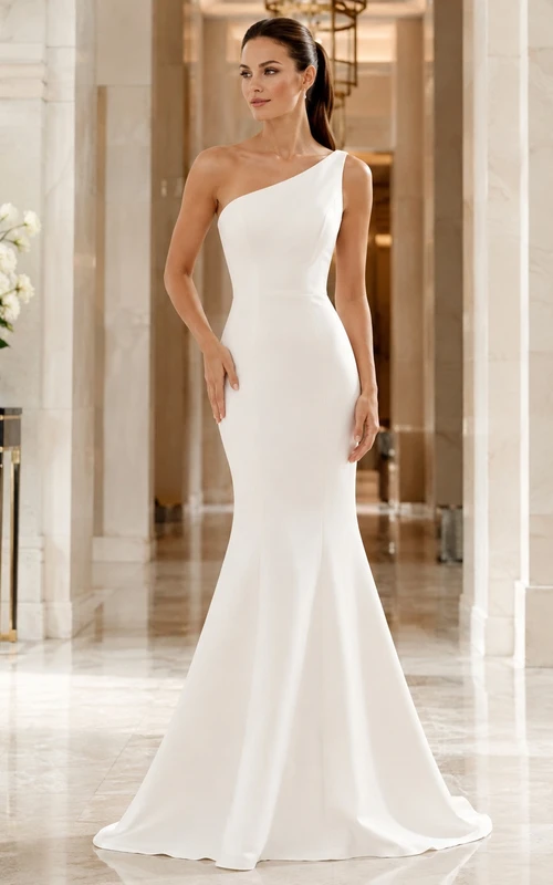 Elegantes Brautkleid aus Satin mit One-Shoulder-Ausschnitt, Meerjungfrauen-Schleppe und bodenlangem Schnitt.