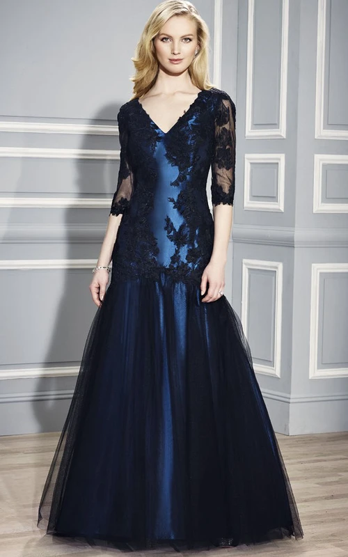 Meerjungfrauen-Abendkleid aus Satin, bodenlang, mit halben Ärmeln, Applikationen und V-Ausschnitt