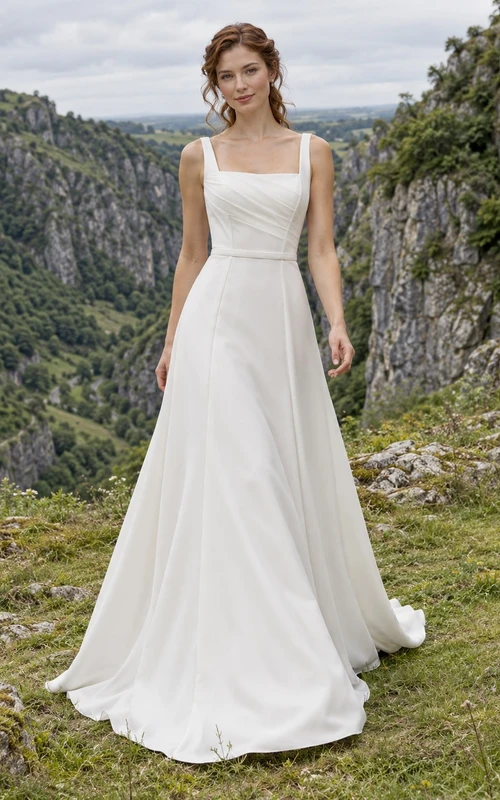Vestido de novia sencillo sin mangas, de corte A y escote cuadrado con cola.