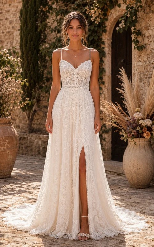 Sexy A-Line Wedding Dress Sleeveless V-Neck Tulle Lace Applique Split Front Floor Length Chapel Train Ivory