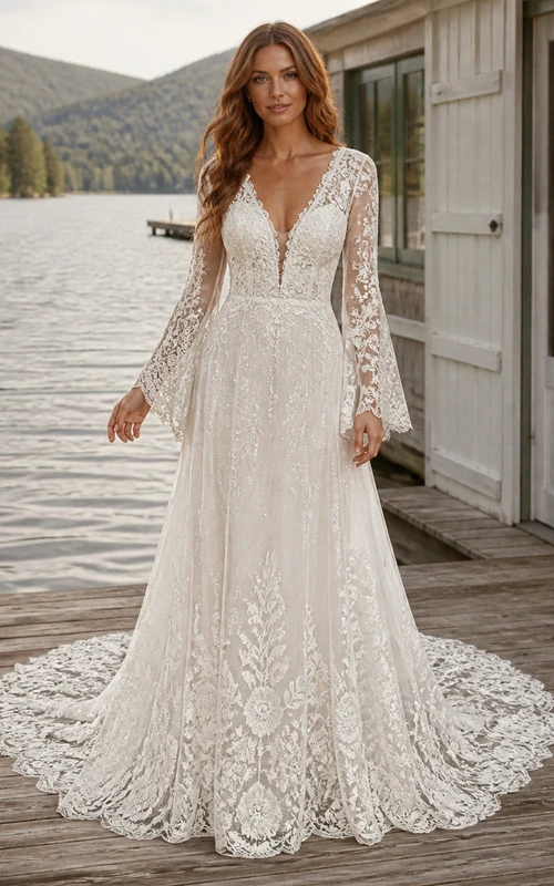 Vestido de novia modesto de manga larga, corte A, escote en V, encaje Lakeshore Vine y cola catedral.