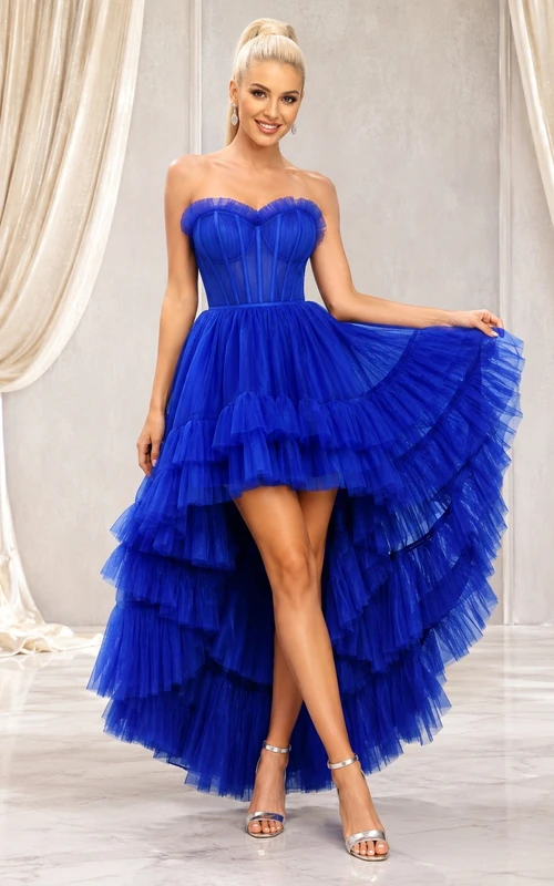 Vestido de fiesta de gala sin tirantes de tul con volantes escalonados de color azul rey