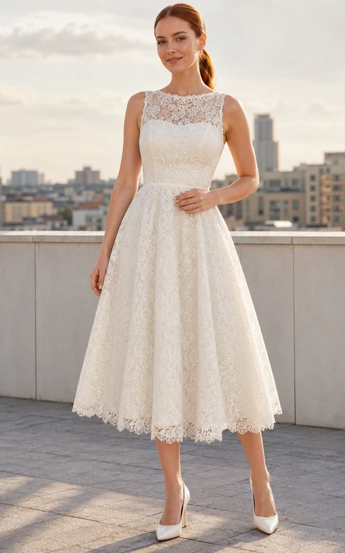 Vestido de novia civil a media pierna con corte en A y encaje Illusion Bateau