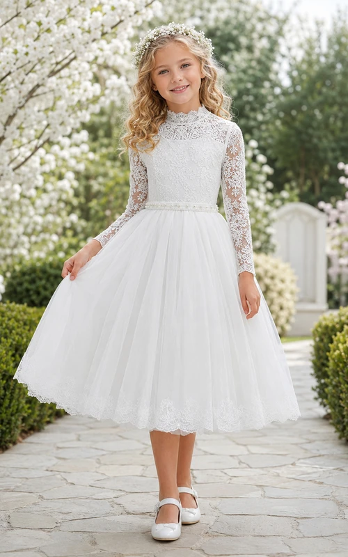 Gartenkleid mit hohem Kragen, langen Ärmeln, Spitze, für Blumenmädchen, Teelänge