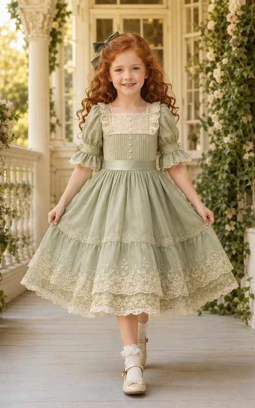 A-Line Victorian Inspired Flower Girl Dress with Square Neckline, Puff Sleeves, Lace Skirt, Satin Sash, Victorian Garden Style