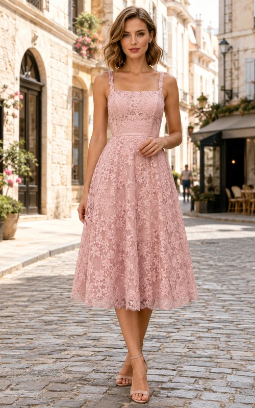 Village Blush Dusty Rose A-Line Tea-Length Square Sleeveless Lace Vintage Cocktail Dress