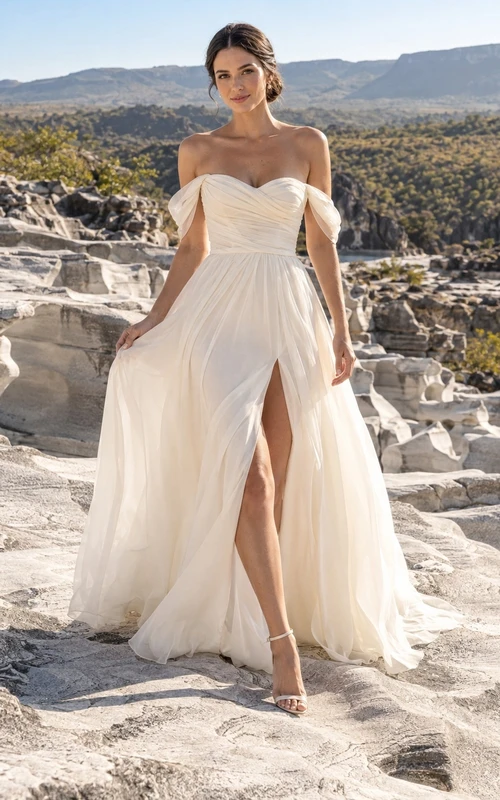 Schulterfreies Brautkleid aus Organza mit herzförmigem Dekolleté, drapiertem Oberteil und geteilter A-Linien-Schleppe
