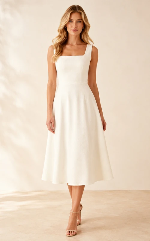 Pearl Satin Square Neck Sleeveless A Line Midi Dress