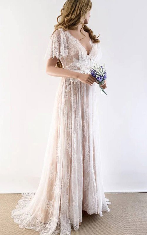 bohemian empire waist wedding dress Boho Style Lace Wedding Dress with Empire Waist ARISA Size 18W / Dark Ivory