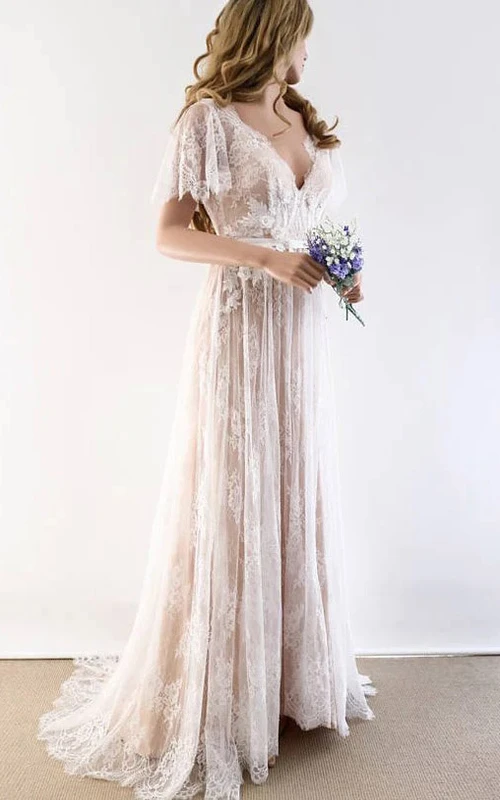 Bohemian Empire Rustic Wedding Dress | Lace Bridal Gown with Sleeves
