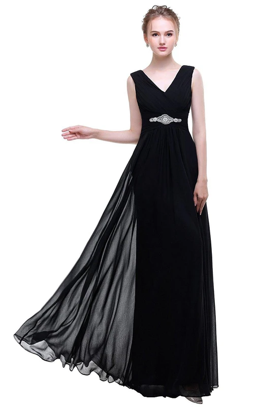 Schwarzes, perlenbesetztes A-Linien-Chiffonkleid im Empire-Stil mit V-Ausschnitt und tiefem V-Ausschnitt am Rücken