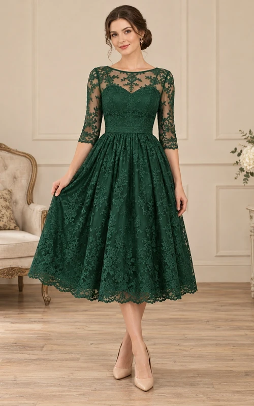 Robe de bal vintage verte mi-longue en dentelle, col rond, manches trois-quarts, col rond, manches trois-quarts