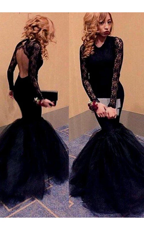 Robe sirène trompette en dentelle tulle à manches longues et dos nu avec découpe en forme de goutte